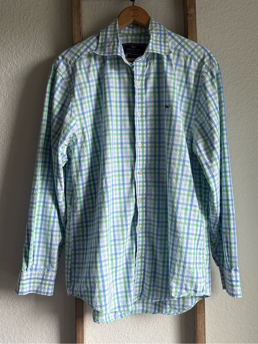 Vineyard Vines Men's Long-Sleeve Button-Down Plaid Shirt Blue & Green Check Med.
